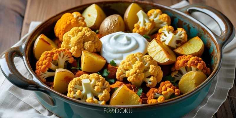 Foto k receptu_pečený Tandoori květák s bramborovými čtvrtkami
